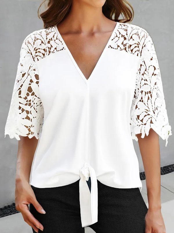 Summer V Neck Sexy Lace Cutout Short Sleeved Chiffon Blouse Women Top