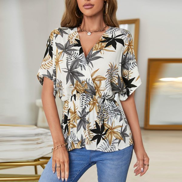 Elegant Criss Cross V neck Batwing Sleeve Beach Holiday Floral Print Top