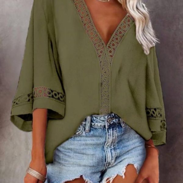 V-neck Hollow Out Cutout Lace Loose Shirt Women Clothing