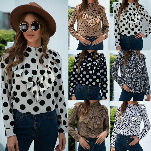 Spring Autumn Casual Polka Dot Ruffled Button Shirt