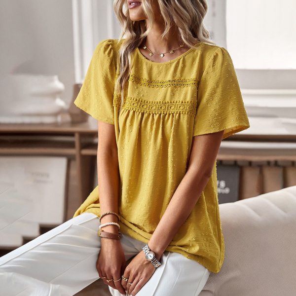 round Neck Patchwork Top Spring Summer Loose Women Wear Shirt Solid Color