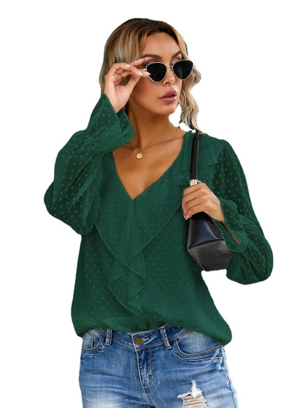 Solid Color V-neck Pullover Ruffled Lantern Sleeves Office Loose Chiffon Autumn Women Top