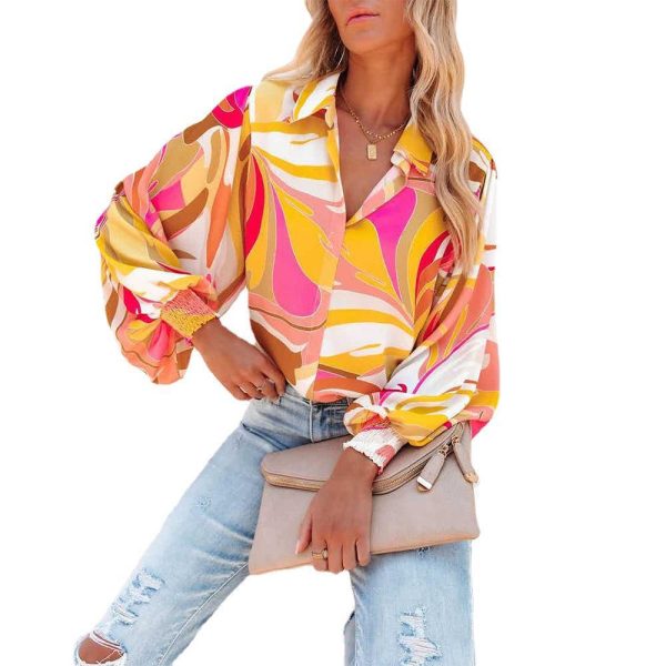 Autumn Winter Printed Lantern Sleeve Collared Cardigan Single Breasted Casual Shirt Women Top