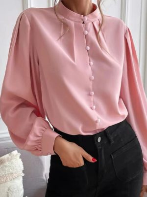 Women  Shirt Autumn Elegant Solid Color Collared Long Sleeve Single Row Button Loose Women Top