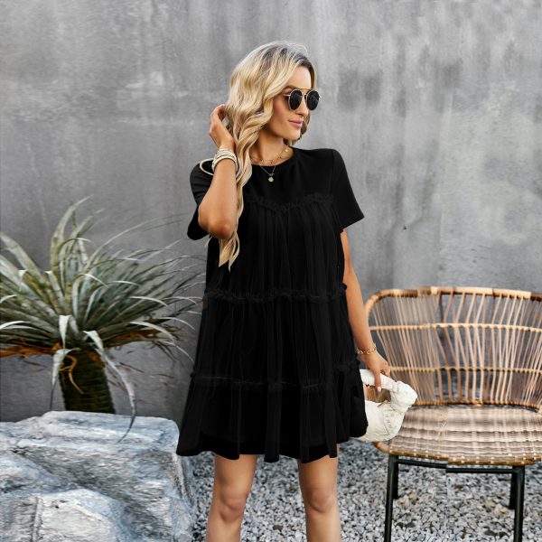 Mesh Stitching Ruffle Dress Summer Elegant round Neck Solid Color