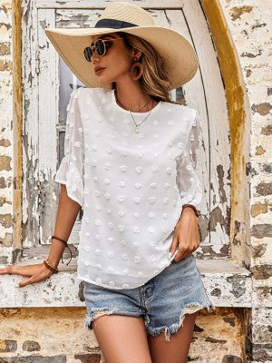 Summer Half Sleeve Chiffon Shirt White round Neck Casual White Top for Women