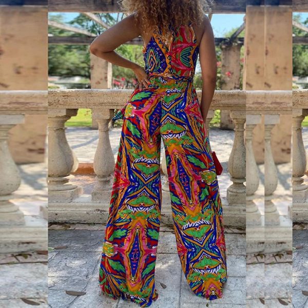 Women Clothing Summer Loose Sleeveless Printed Trousers Jumpsuit