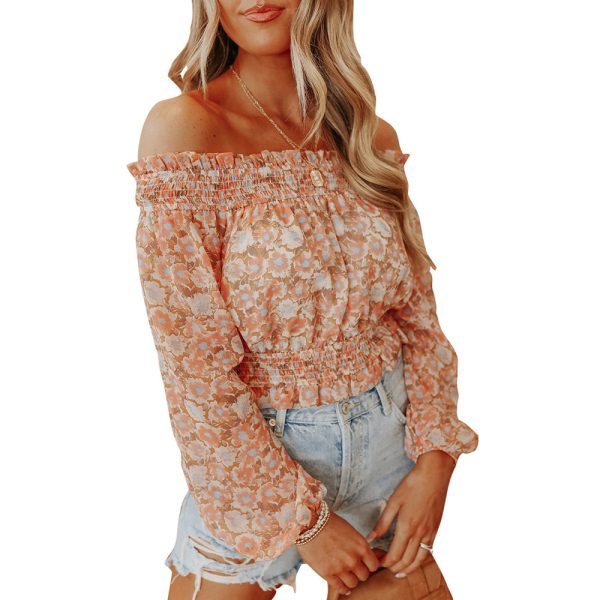 Sexy off-Shoulder off-Shoulder Long-Sleeved Top Women Spring Autumn Waist-Tight Floral T-shirt