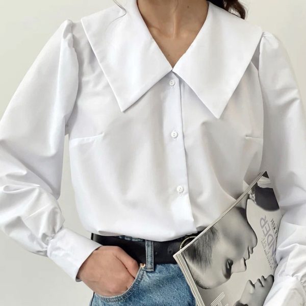 Summer French Office Sailor Collar Casual Long Sleeves Shirt Classic Niche White