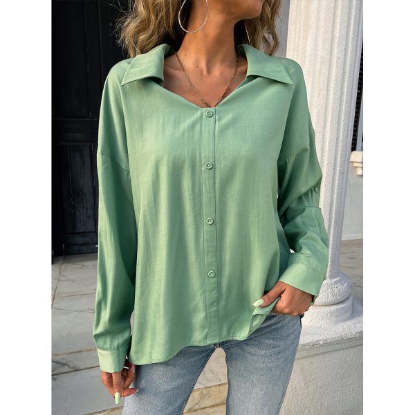 Summer Women Clothing Solid Color Long Sleeve Breasted V-neck Top Loose Shirt T-shirt Women