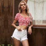 Summer Pullover Red V-neck Chiffon Shirt Women Printed Slim Top