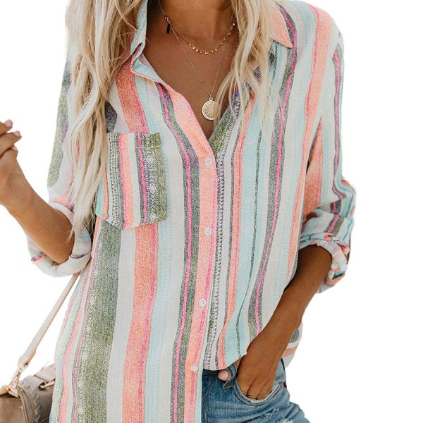 Autumn Striped Collared Long Sleeve Cardigan Single-Breasted Shirt Women