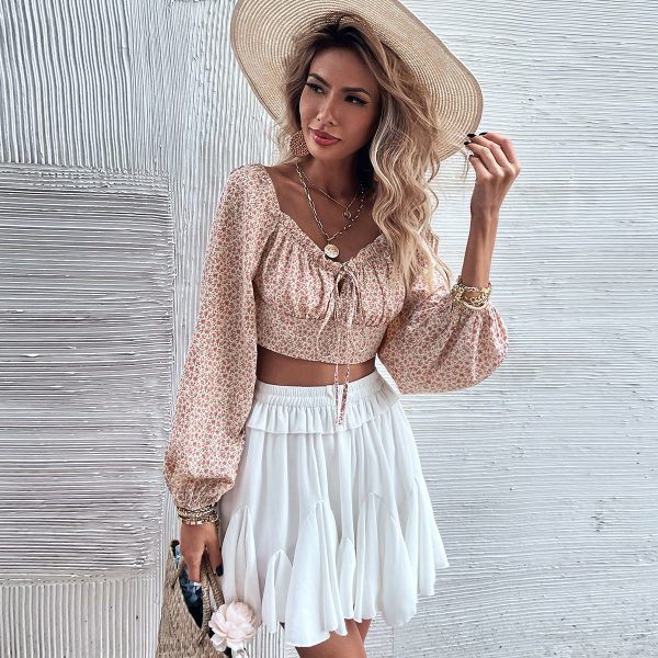 Floral Long Sleeve Square-Neck Bow cropped Chiffon Pink Cropped T-shirt