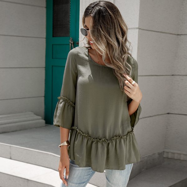 Spring Summer Women Clothing round Neck Pullover Solid Color Patchwork Ruffled T shirt Babydoll Top Women