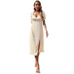 Women Clothing Sexy Backless Lace up Split Square Collar Puff Sleeve Elegant Dress A- line