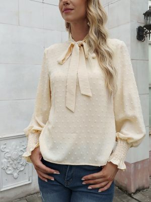 Women Clothing Casual Spring Autumn Long Sleeve Top Bow Shirt Women