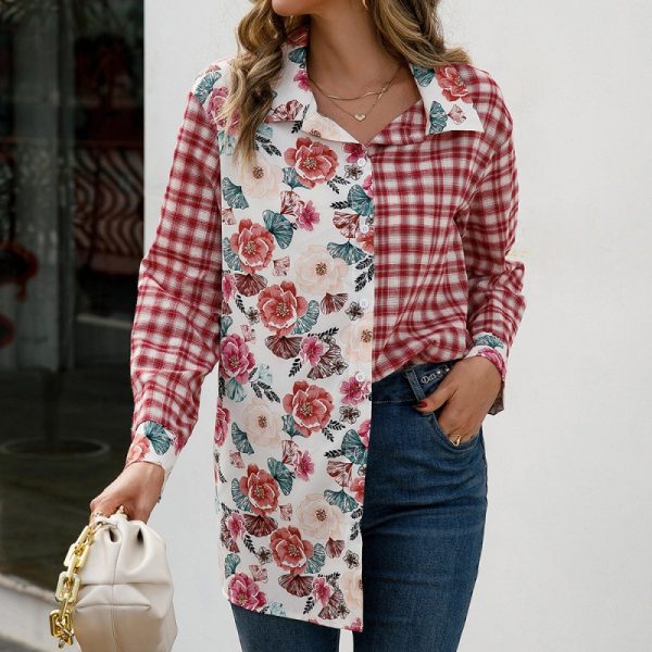 Printed Plaid Stitching Shirt Casual Loose Single Breasted Estampado Floral Shirt Top  Women