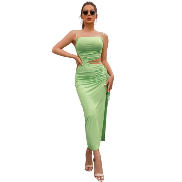 Women Clothing  Summer Sexy Sleeveless Split Midi Dress Milk Silk Maxi Dress Women