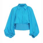 European Collared Button Lantern Blue Puff Sleeve High Waist Shirt Retro Shirt for Women
