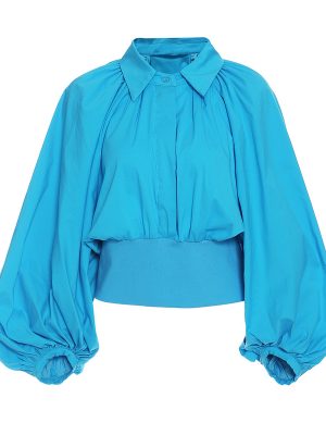 European Collared Button Lantern Blue Puff Sleeve High Waist Shirt Retro Shirt for Women