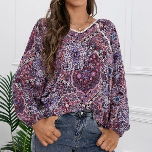 Loose Casual Lace Patchwork Shirt Bohemian V-neck Long-Sleeved Printed Shirt Top for Women