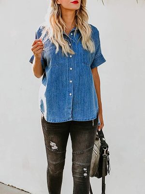 Spring Summer Short Sleeve Straight Leg Denim Shirt Women Loose Top Women