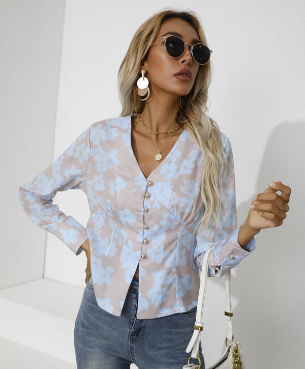 Fall Women Clothing Printing Single-Breasted V-neck Long Sleeve Shirt