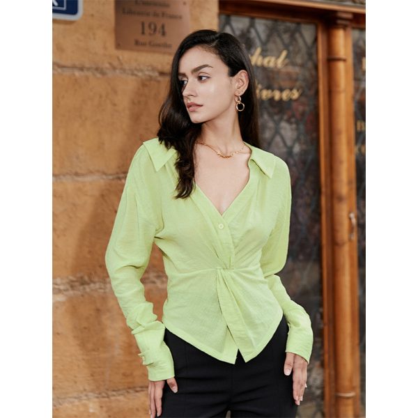 French Three Dimensional Pleated Shirt Irregular Asymmetric Knot V Neck Waist Controlled Top