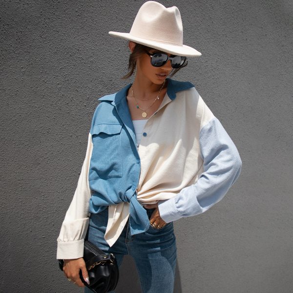 Summer Spring New  Color Block Stitching Shirt for Women