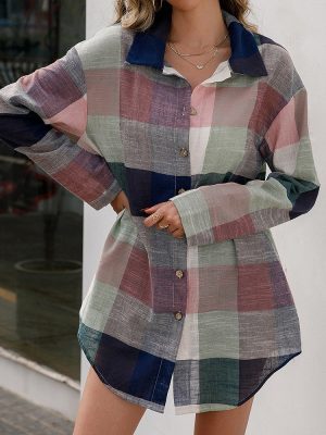 Loose Casual Color Plaid Mid-Length Shirt Single-Breasted Long Sleeve Plaid Top for Women