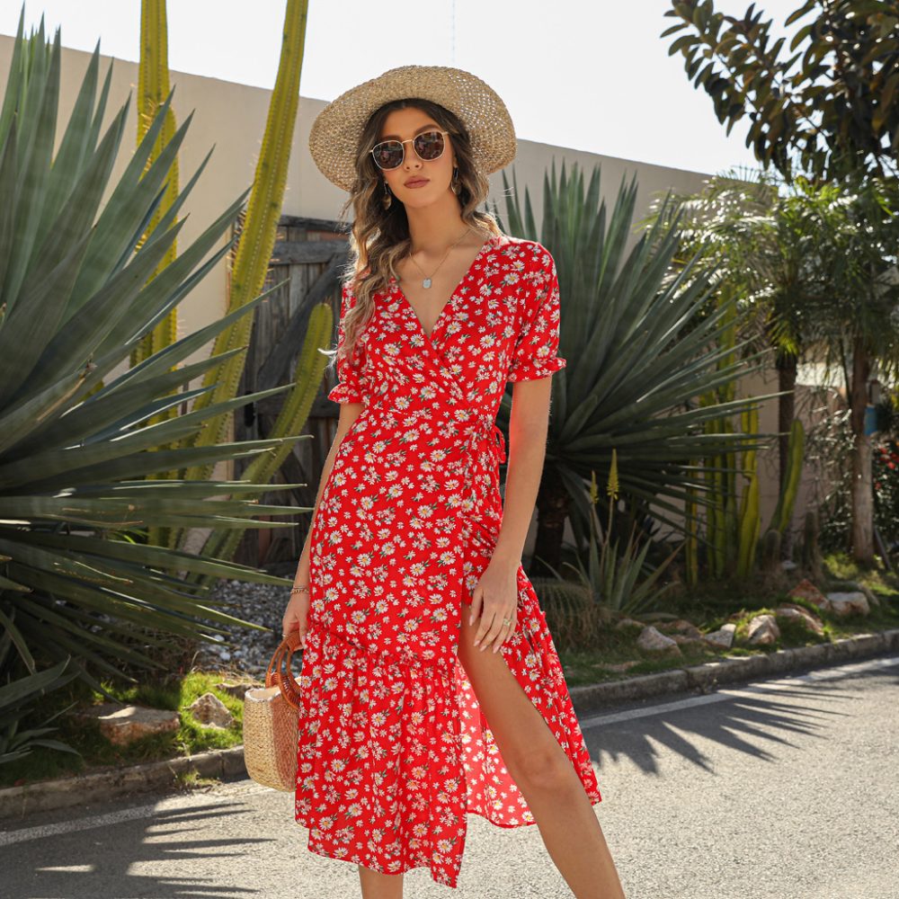 Summer Sexy V Neck Chiffon Printed Dress Bohemian Maxi Dress Beach Dress