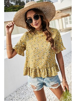 Summer Printed Ruffled Flared Sleeve Short Top