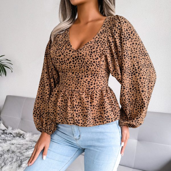 Lantern Long Sleeve Casual Leopard Print Chiffon Shirt Top Women Clothing Spring Summer