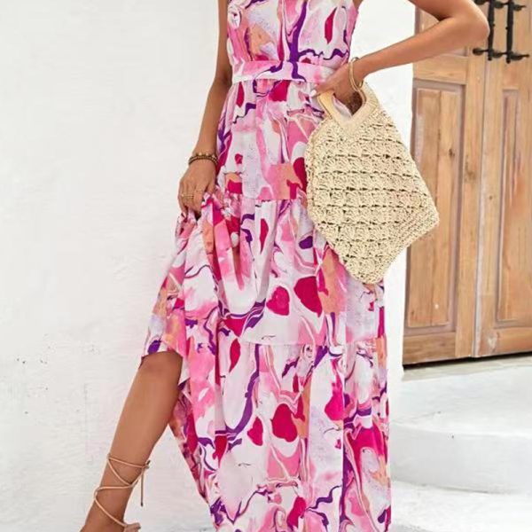 Printed Bohemian Sleeveless Ruffle Dress Beach Dress Flounced Dress