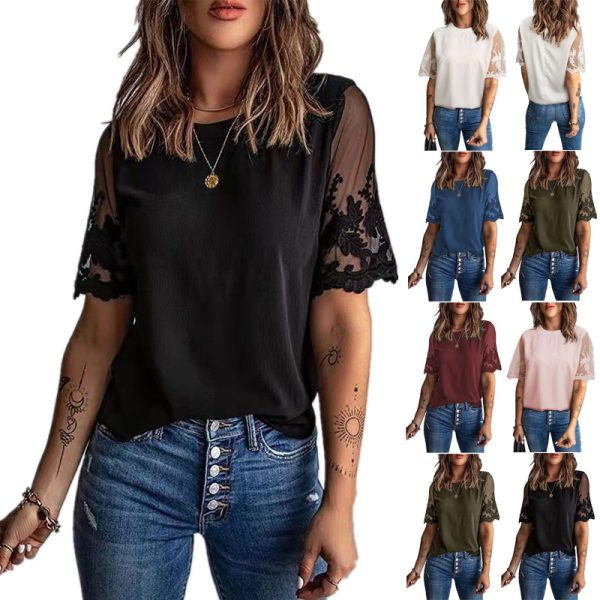 Summer Women round Neck Short Sleeve Top Lace Chiffon Shirt