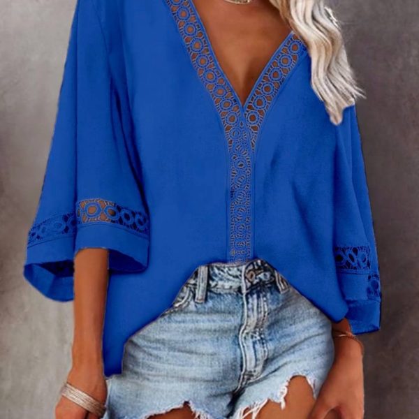 V-neck Hollow Out Cutout Lace Loose Shirt Women Clothing