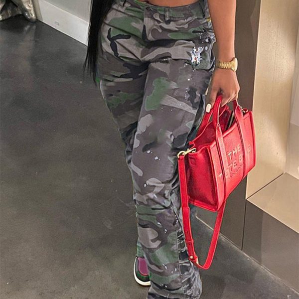 Women Clothing Spring Street Camouflage Painted Outdoor Casual Sports Trousers