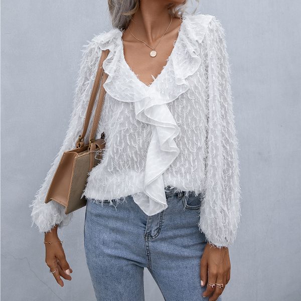 Ruffled Tassel Feather V neck Long Sleeve Shirt Office Transparent Shirt Top Women