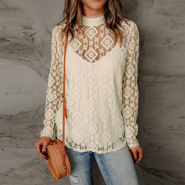 Lace Long Sleeved Top Women Summer Hollow Out Thin Faux Two Layer T shirt