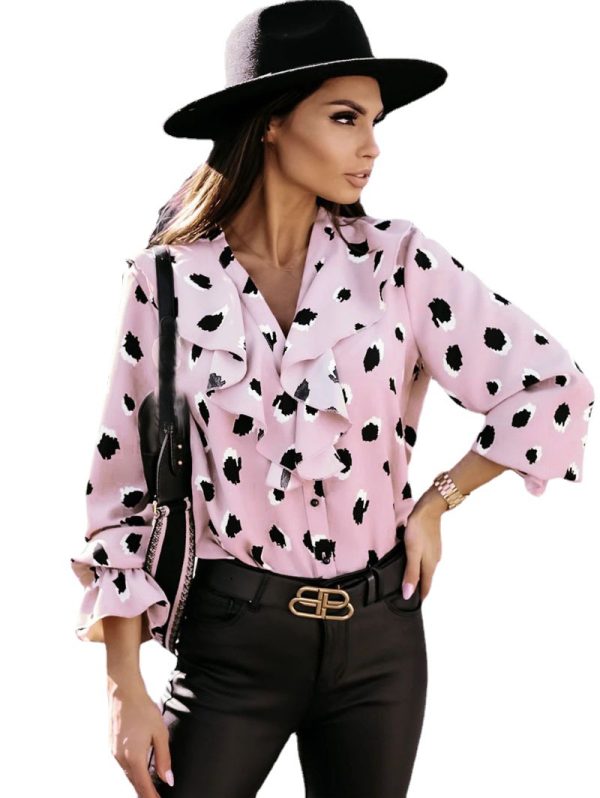 Internet Celebrity V-neck Flounce Button Long Sleeve Printed Shirt Top for Women