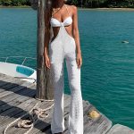 Summer Beach Sexy Backless Lace up  Women Hollow Out Cutout out Wide Leg Jumpsuit