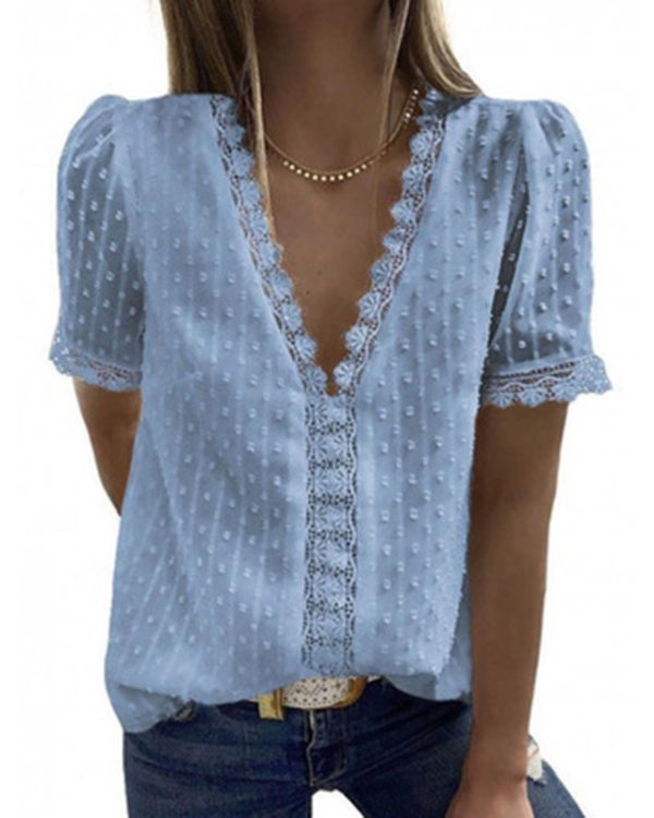 Deep V-neck Chiffon Shirt Embroidered Ruffled Short Sleeves Top Front Rear