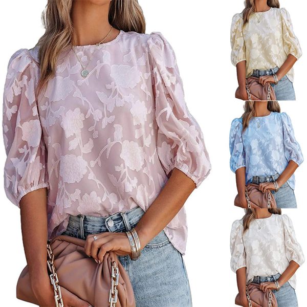 Women Clothing Summer Floral Texture Puff Sleeve Chiffon Loose Sweet Top