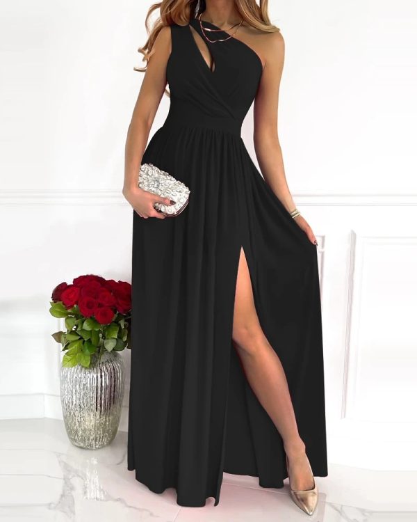 New Sexy Solid Color off Shoulder Hollow Out Cutout out Halter High Waist Slit Maxi Dress for Women