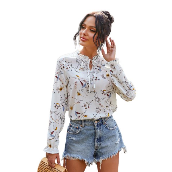 Women Clothing  Spring Autumn Long Sleeve Small Floral Tie-Neck Printed Top