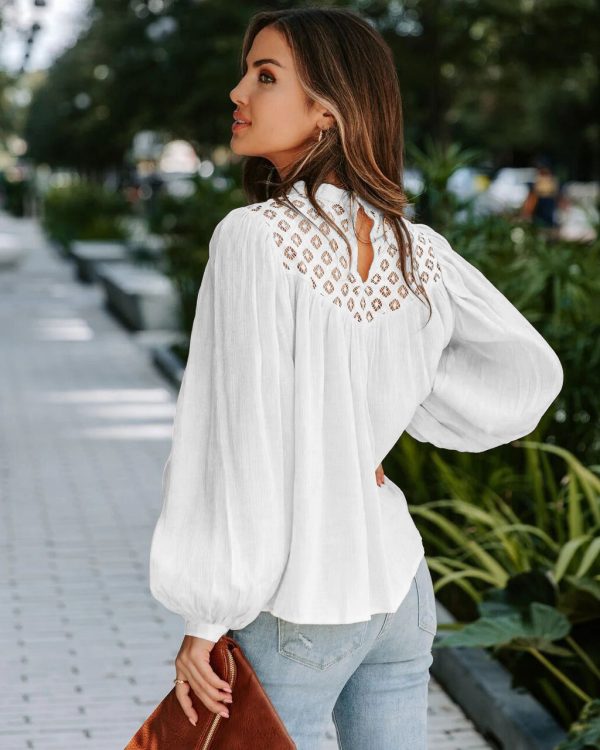 Women Clothing Long Sleeve Shirt Lace Hollow Out Cutout Stitching Pullover Top Shirt