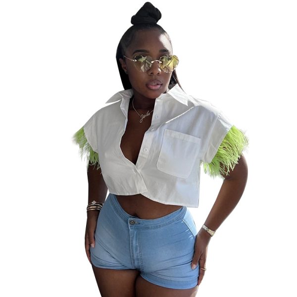 Women Clothing Breasted Feather Sleeve Short Top Collared Short Sleeve White Jersey Shirt