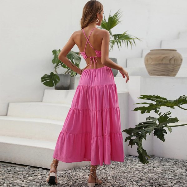 Women Clothing Sexy Casual Backless Lace up Elegant Halter Dress tiered dress Maxi Dress