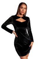 Autumn Winter Women Clothing Hollow Out Cutout Slim Sheath Long Sleeve French Velvet Dress Mini