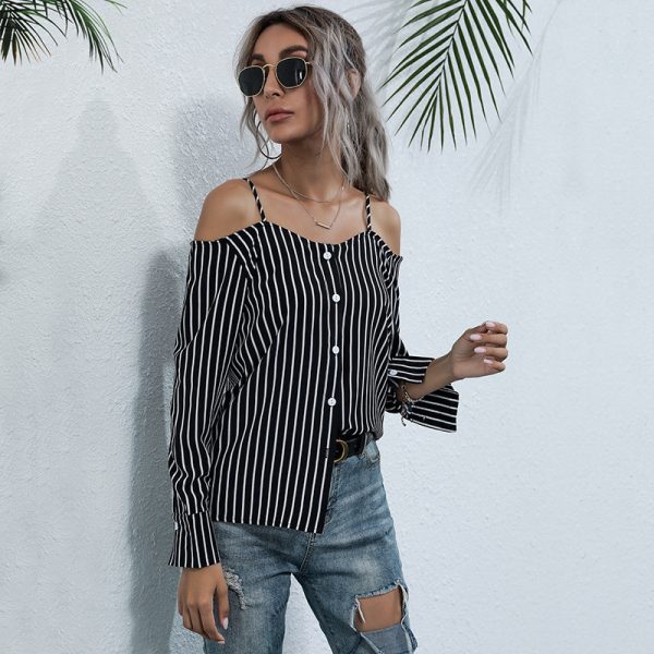 Spring Autumn Long-Sleeved Vertical Striped off-Shoulder Strap Chiffon Shirt for Women